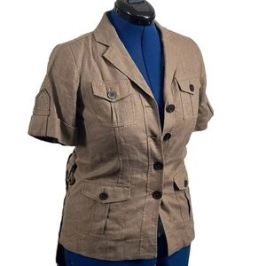 Michael Kors Safari Short Sleeve Blazer Jacket 100% Linen‎ Sz 2P  Brown Belted